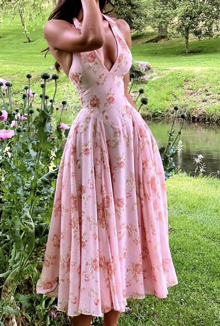 Deep V Neck Pink Floral Print Sleeveless Evening Prom Dresses cg25442