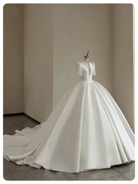 A Line White Deep V Neck Short Sleeves Satin Long Princess Wedding Dress fg8172