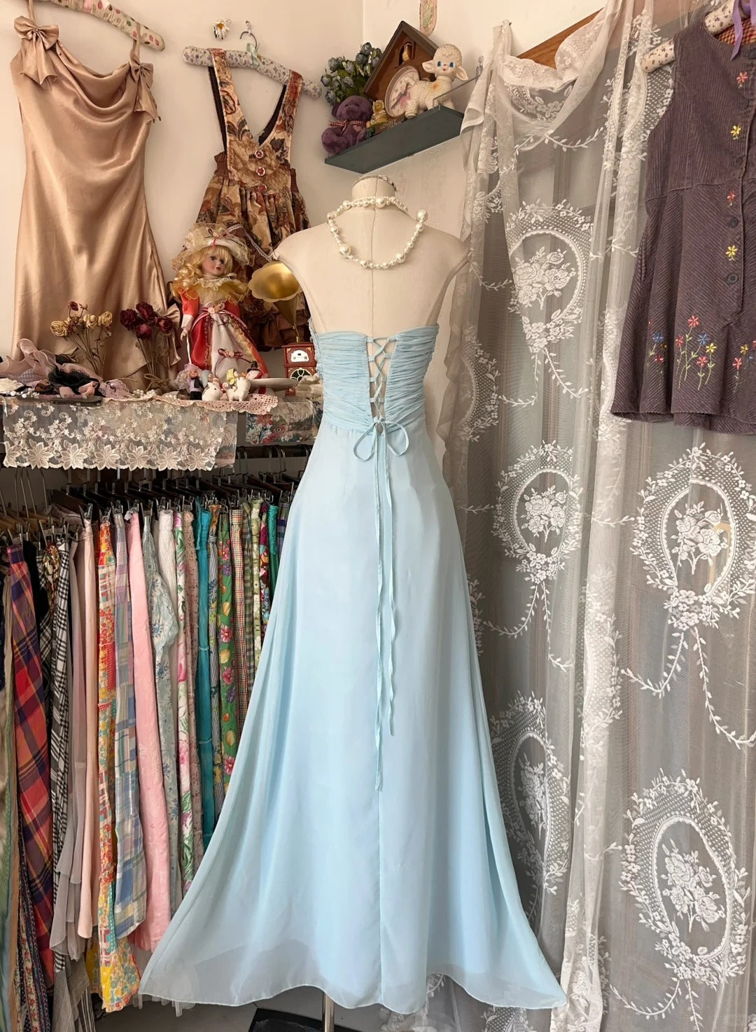 Light Sky Blue Chiffon Vintage Evening Dresses, Sleeveless Party Gowns cg25495