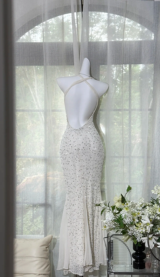 Gentle Vintage Mermaid Spaghetti Straps Beaded White Chiffon Prom Dress SH5198