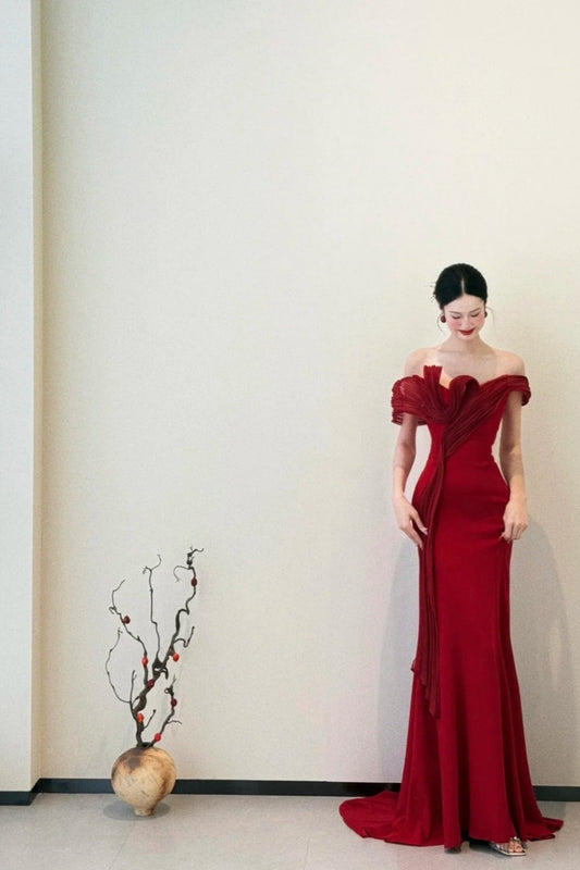 formaldressy- Red Off-The-Shoulder Bodycon Satin Floor-Length Ball Gown Prom Dress gh5963