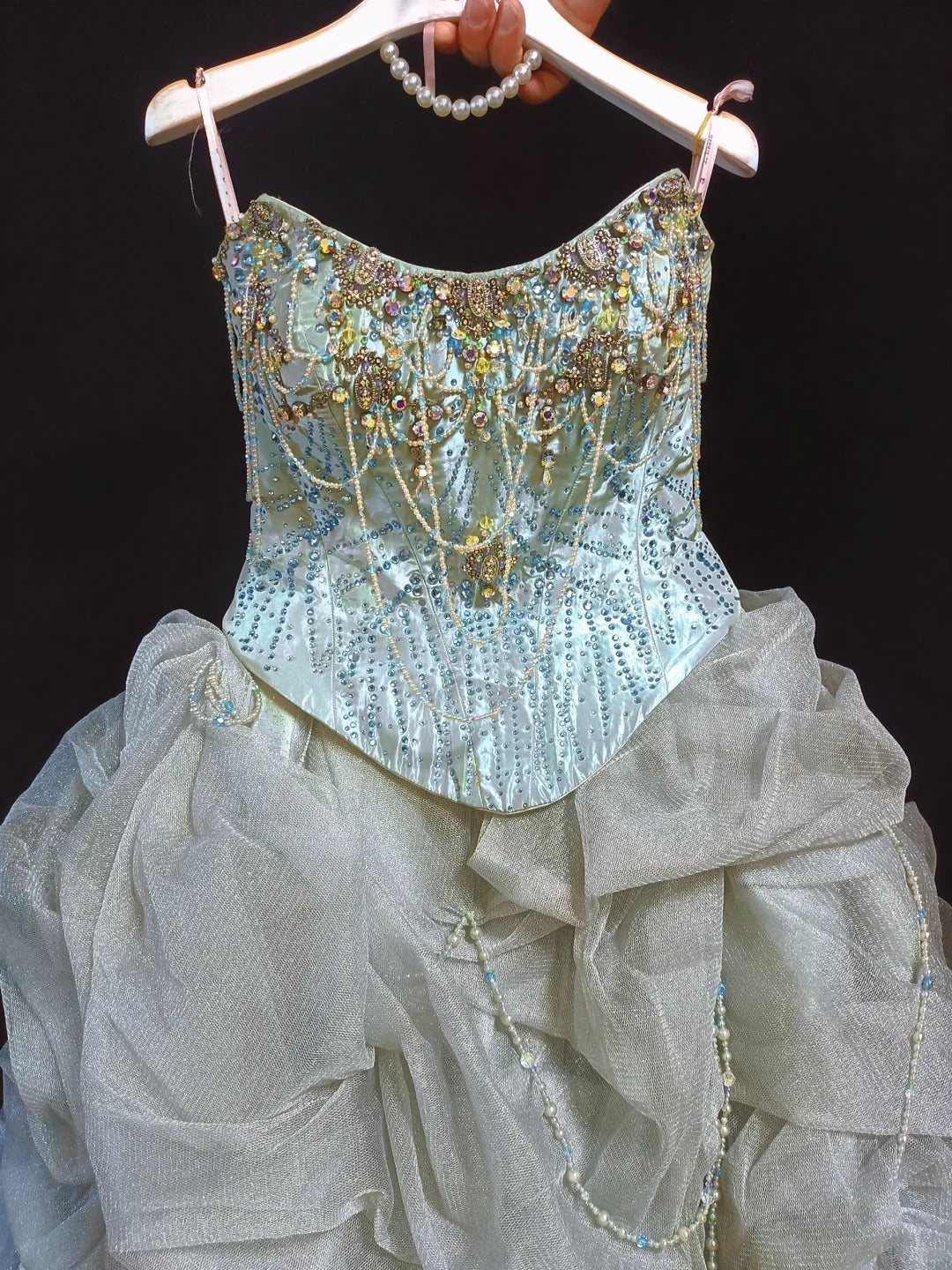 formaldressy-Gray-blue gorgeous gold beading fashionable and elegant long layered princess tulle ball gown gh5325