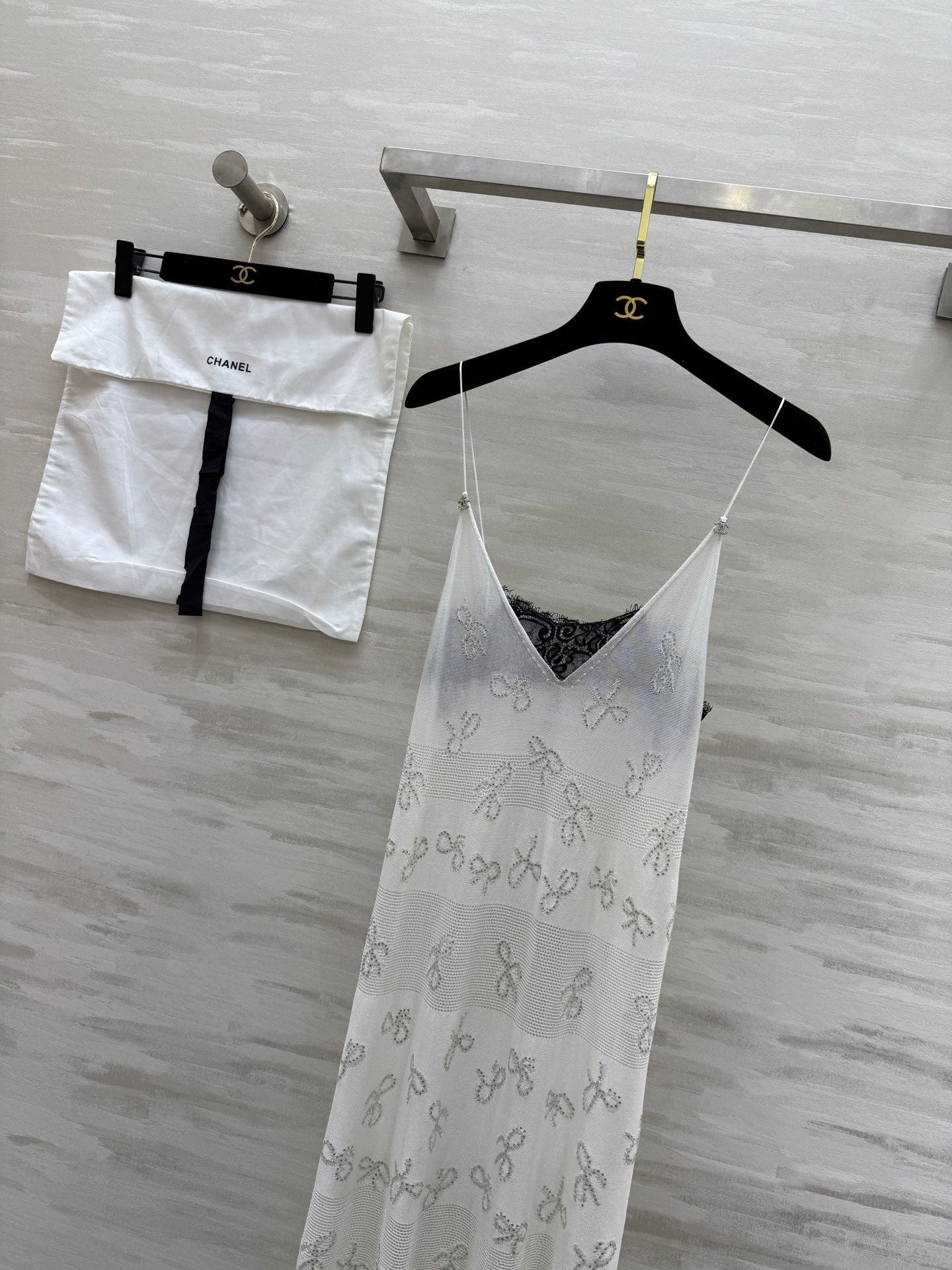CC Rhinestone Bow Jacquard Embroidered Lace Dress White Cotton 346488