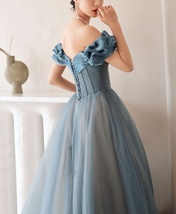Blue Sweetheart Off Shoulder Tulle Long Prom Dress Blue Formal Dress cg24989
