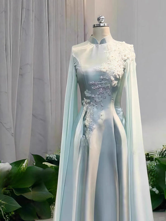 formaldressy-Light green floral bead long satin ball gown Prom dress ceremonial dress long sleeved gh5309