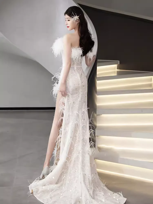 Mermaid Strapless Sequin Beads Long Evening Dress Slit Prom Dresses With Feathers fg8585