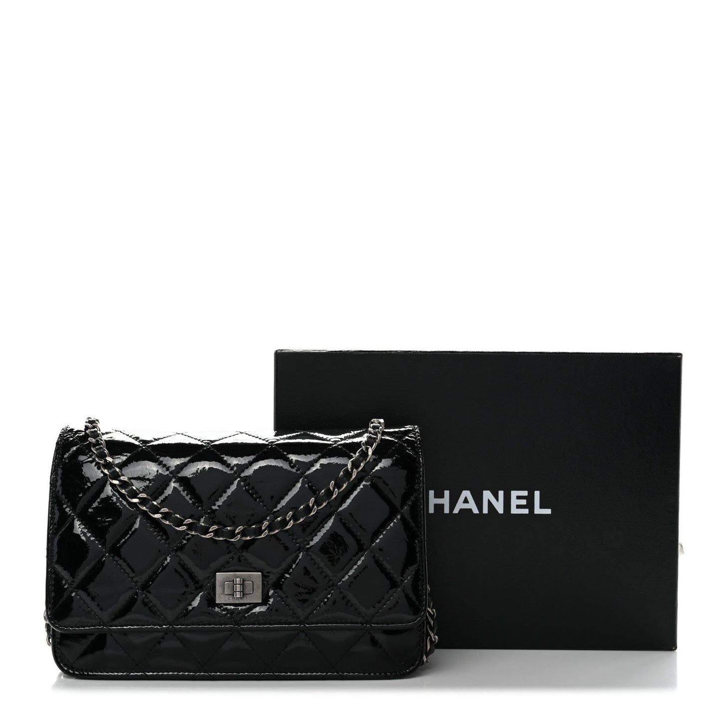 Distressed Patent Calfskin Quilted Reissue Wallet On Chain WOC Black