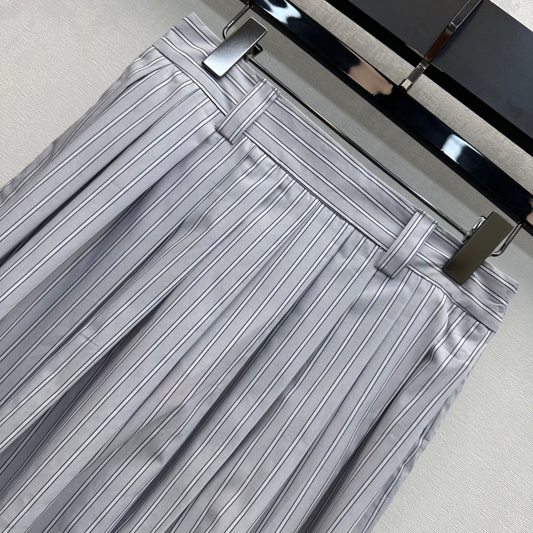 Miu Miu Pleated Striped Midi Skirt Grey Cotton 341903