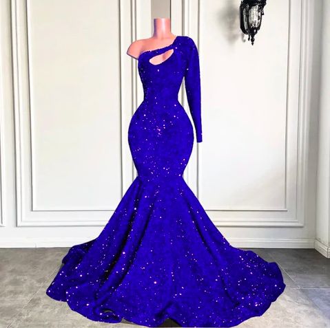 Royal blue sparkly prom dresses long sleeve one shoulder mermaid cheap formal party dresses cg24875