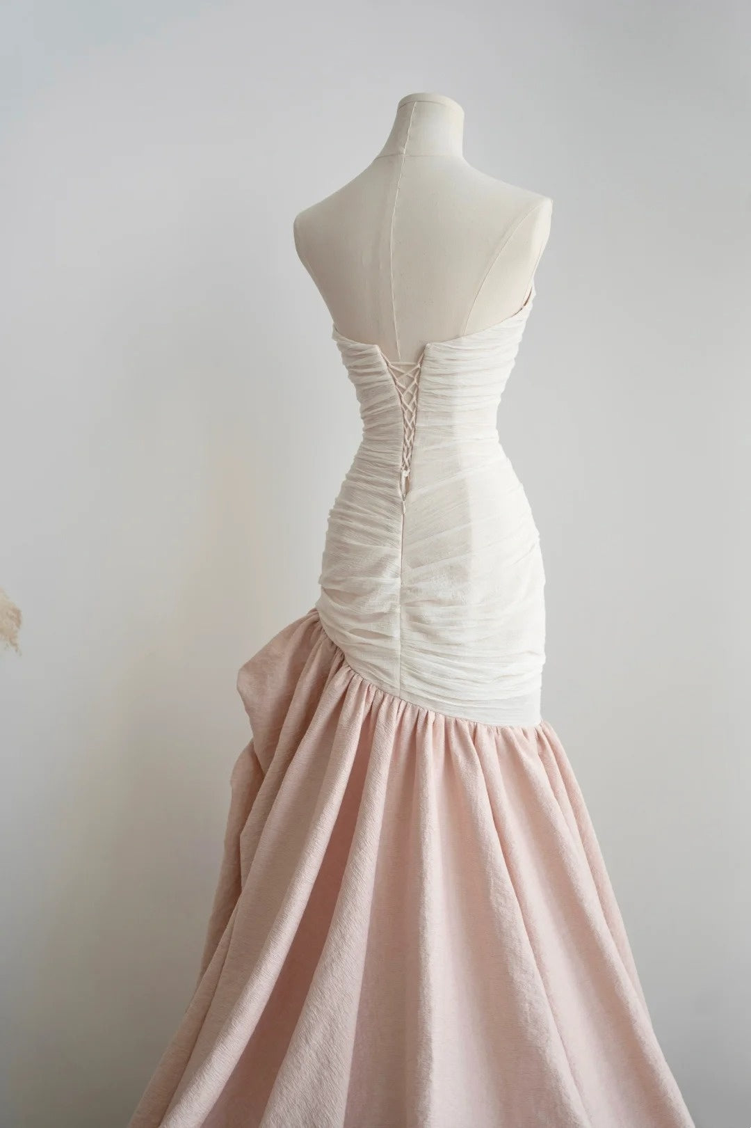 formaldressy- Vintage Pink-White Contrast Ruched Strapless Mermaid Long Evening Gown gh6091