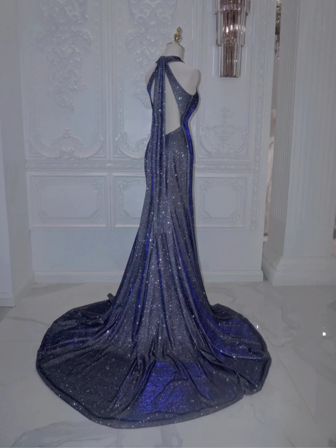 Luxurious Navy Blue Long Evening Gown Mermaid Halter Neck Backless Party Dress cg25265