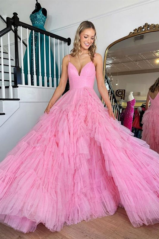 V Neck Pink Long Prom Dresses, Pink V Neck Long Formal Evening Dresses cg24952