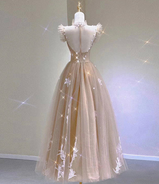 Champagne tulle lace tea length prom dress evening dress cg24961