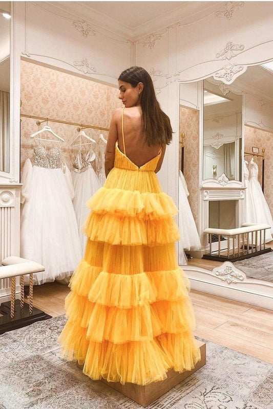 Layers Tulle Yellow Prom Dresses with Ruching Bodice cg24954