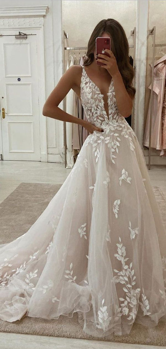 A-line Lace Dream Romantic Long Wedding Dresses fg3523