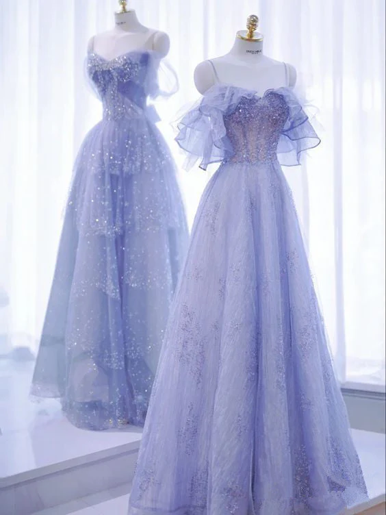 A Line Strapless Lilac Tulle Long Prom Dresses Evening Dress cg26209