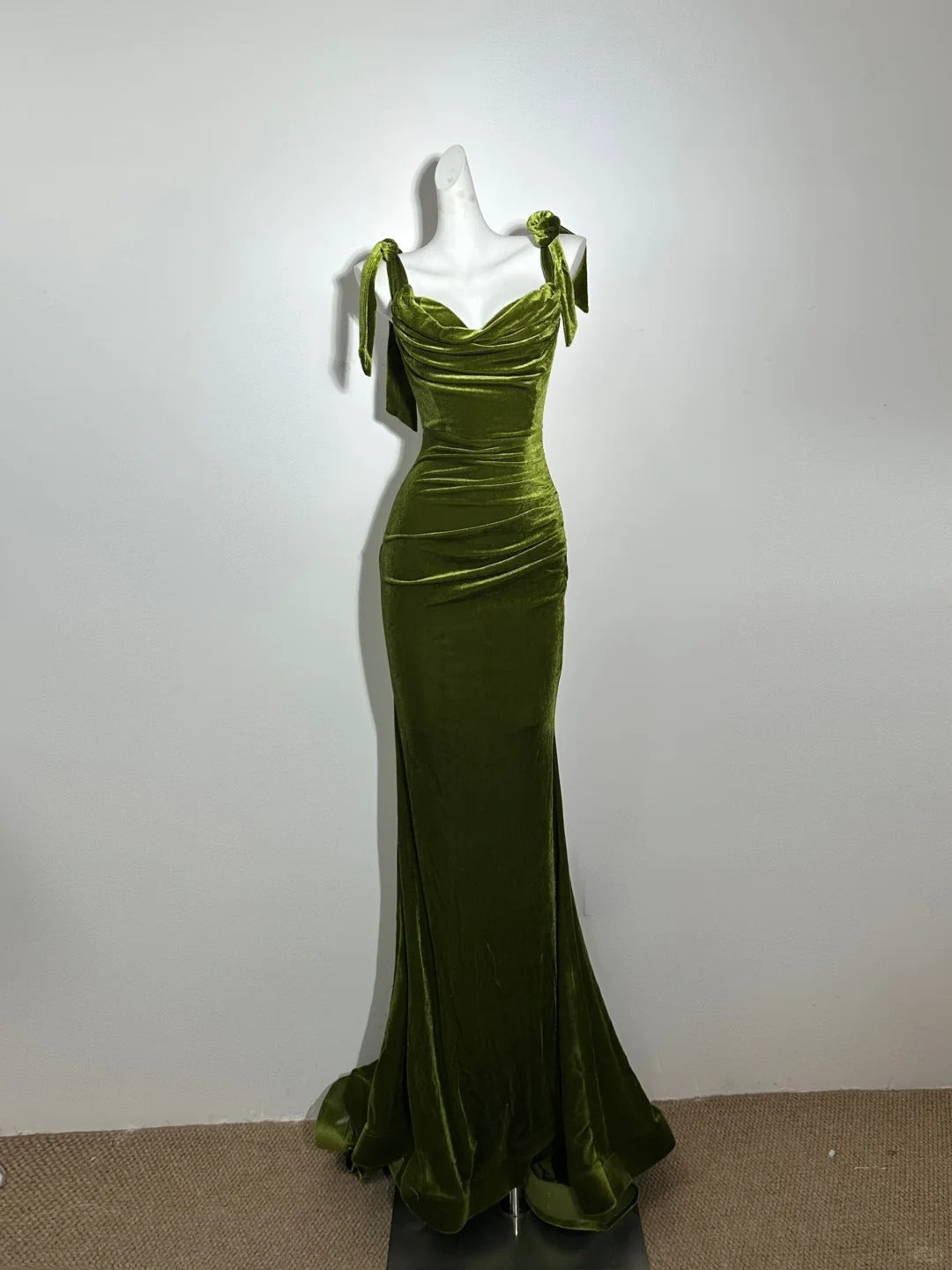 formaldressy--Olive green velvet long vintage prom dress gh5471