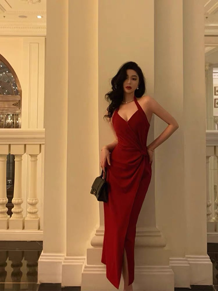 Classy Sheath Halter Red Slit Velvet Prom Dresses Birthday Outfits SD771