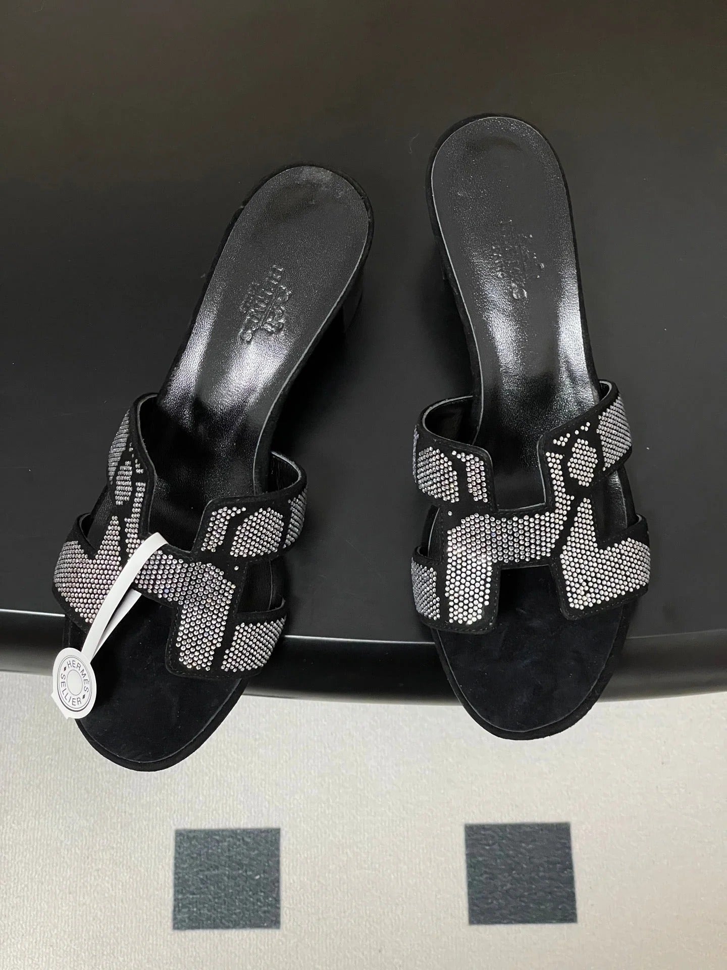 HM 25S ORAN HIGH‐HEEL SANDAL 50 MM IN BLACK LAMBSKIN WITH WHITE STONE DETAILS