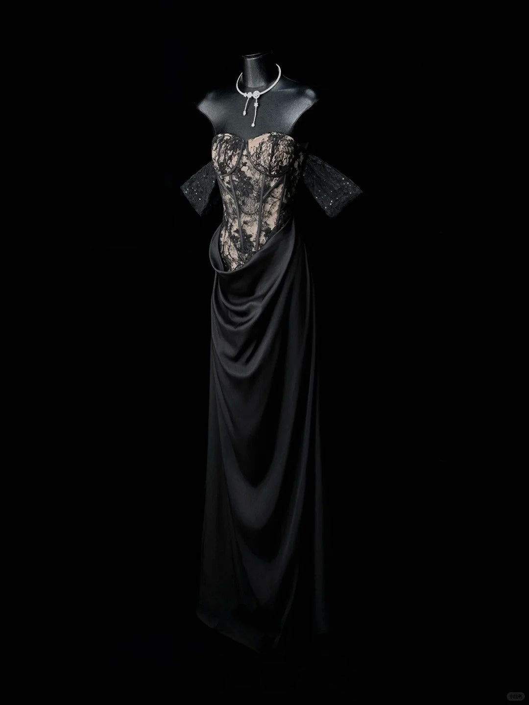 formaldressy-Black Fashion Lace Tight corset Fishbone Skirt Long Satin Prom Dress gh5307