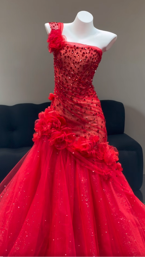 Vintage Red Prom Dress Tulle Sheath Strapless Evening Dress ED06780