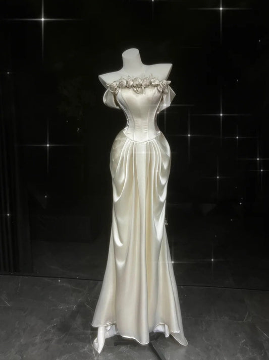 Gorgeous Pearl White Prom Dress Off-shoulder Sheath Evening Dress Beaded Satin Formal Dress EP06752