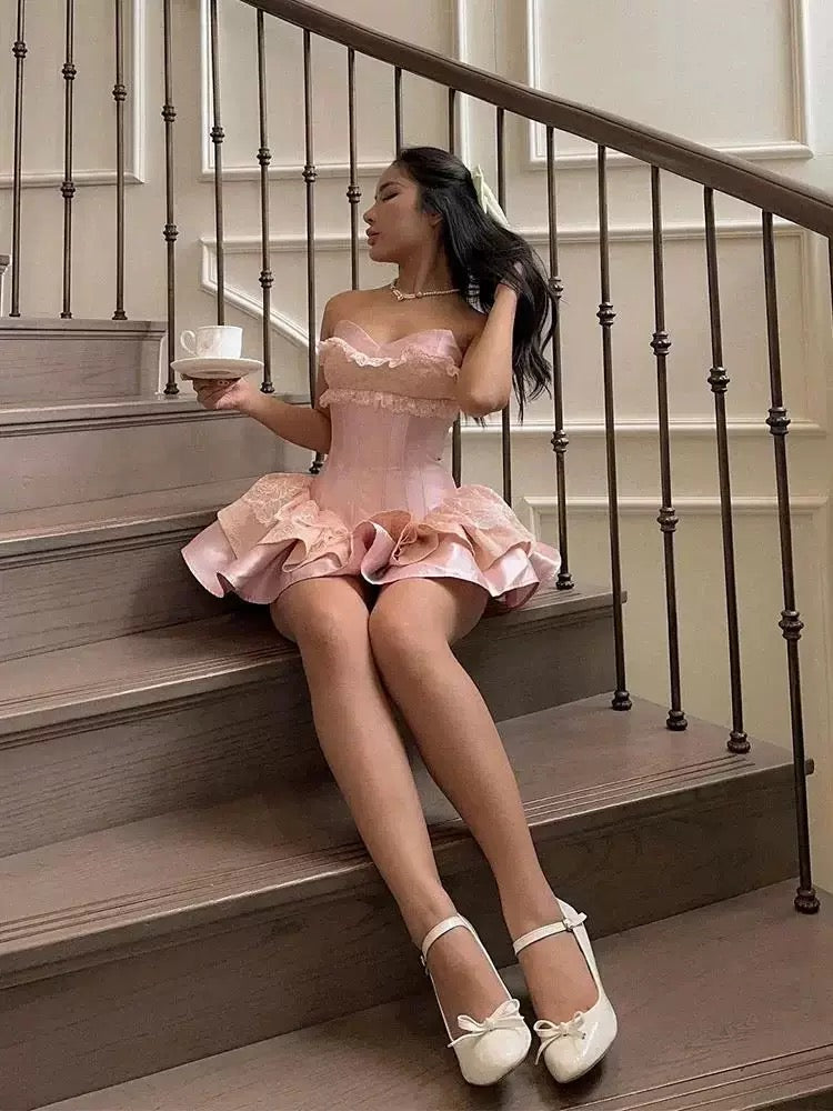 Pink Short Prom Dress with Lace Sweetheart Mini Birthday Party Dress cg26078