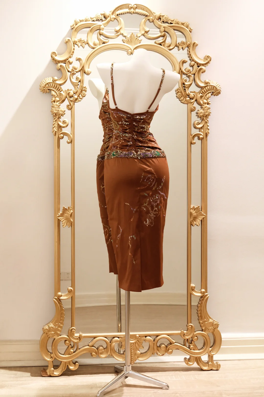 Brown Vintage Sheath Spaghetti Straps Beaded Satin Short Homecoming Dress SH5197