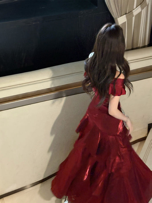 Chic Wine Red Off Shoulder Satin Layers Long Prom Dress, Wine Red V-neckline Evening Dress