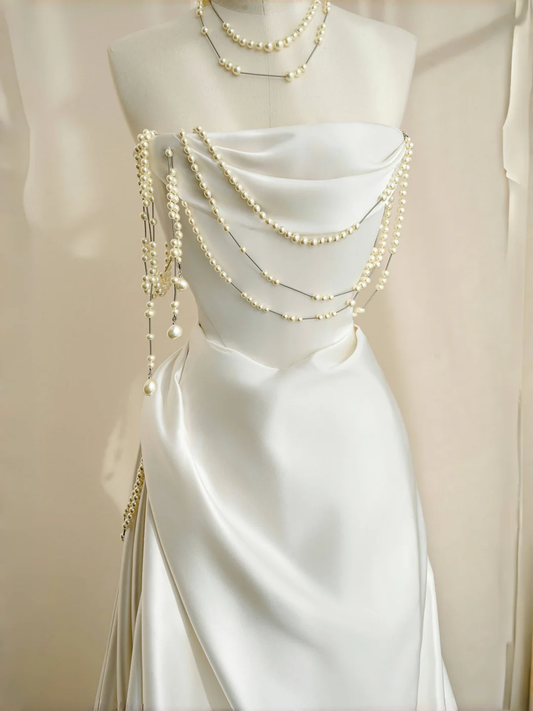 Classy Strapless Satin Pearls Chain White Prom Dress,A Line Evening Dress Y8684