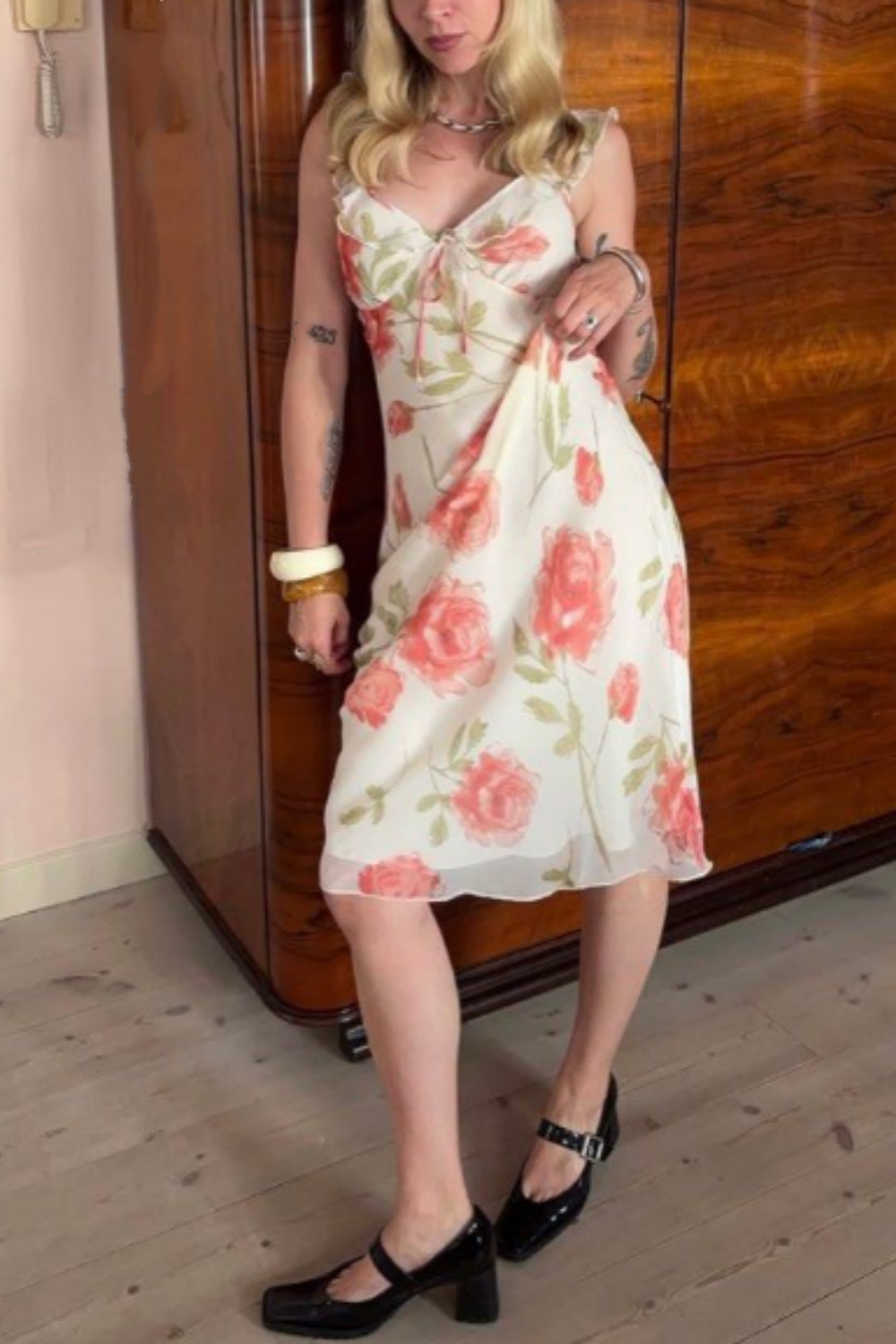 formaldressy-Floral Chiffon Ruffled Shoulder Strap Chill Mid-Length Dress gh5864