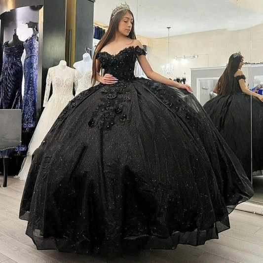 Shiny Black Quinceanera Off Shoulder Dress Sweet 15 16 Party Ball Gown Prom Dress