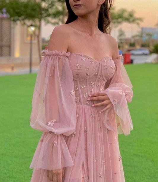 Pink Off The Shoulder Long Prom Dress A-line Evening Dress cg24975