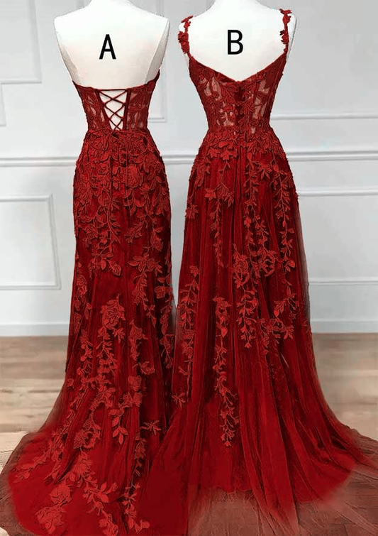 Wine Red Tulle Sweetheart Straps Long Party Dress, Wine Red Prom Dress fg5048