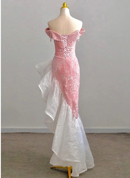 Lovely Pink Sequins Velvet High Low Prom Dress, Pink Mermaid Off The Shoulder Party Dress fg4885