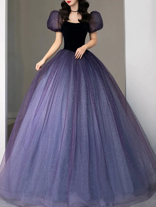 Purple tulle sequin long prom dress, purple evening dress cg24995