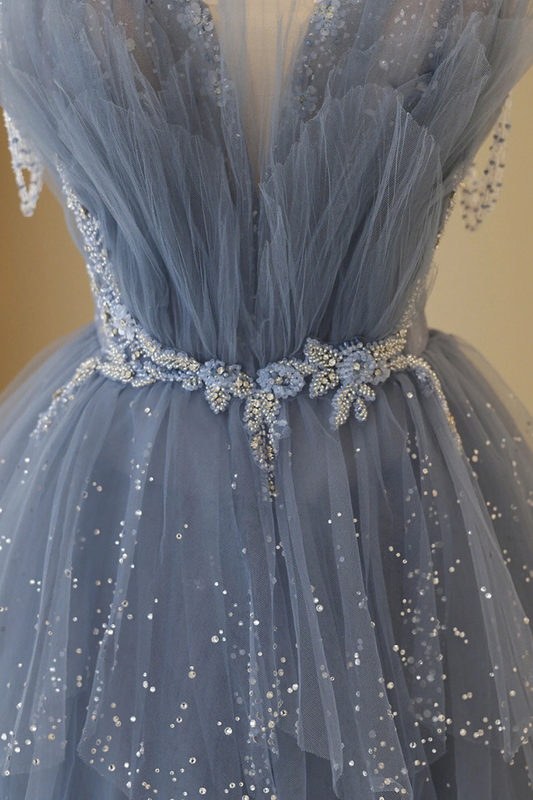 Blue Tulle Layers Straps Beaded Long Prom Dress, Blue A-Line Evening Dress cg24964