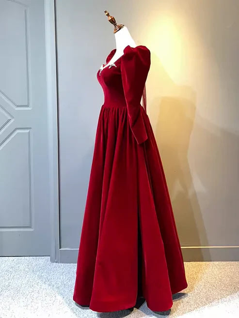 formaldressy-Vintage elegant long sleeve A-line red velvet formal prom dress prom gown gh5750
