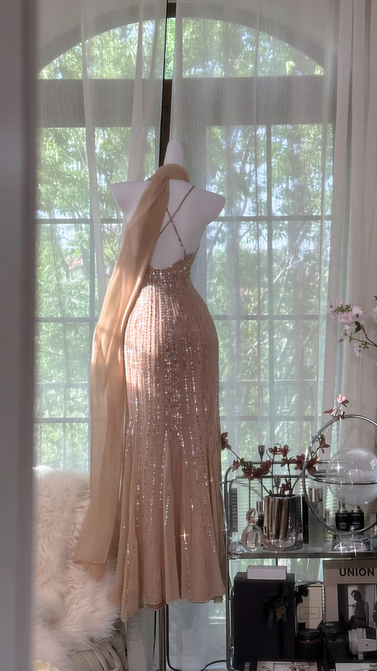 Vintage Mermaid Spaghetti Straps Beaded Chiffon Prom Dress SH5200