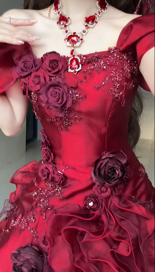 Burgundy Blue Ball Gown Off the Shoulder Beaded Rose Organza Satin Graduation Ball Gown 18th Birthday Dress SH4987