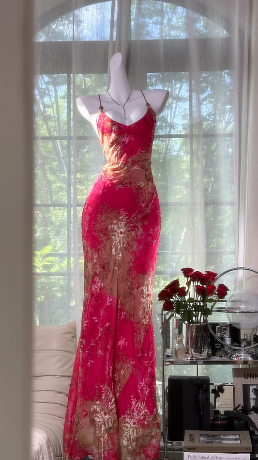 Hot Pink Vintage Mermaid Spaghetti Straps Print Floral Chiffon Prom Dress SH5199