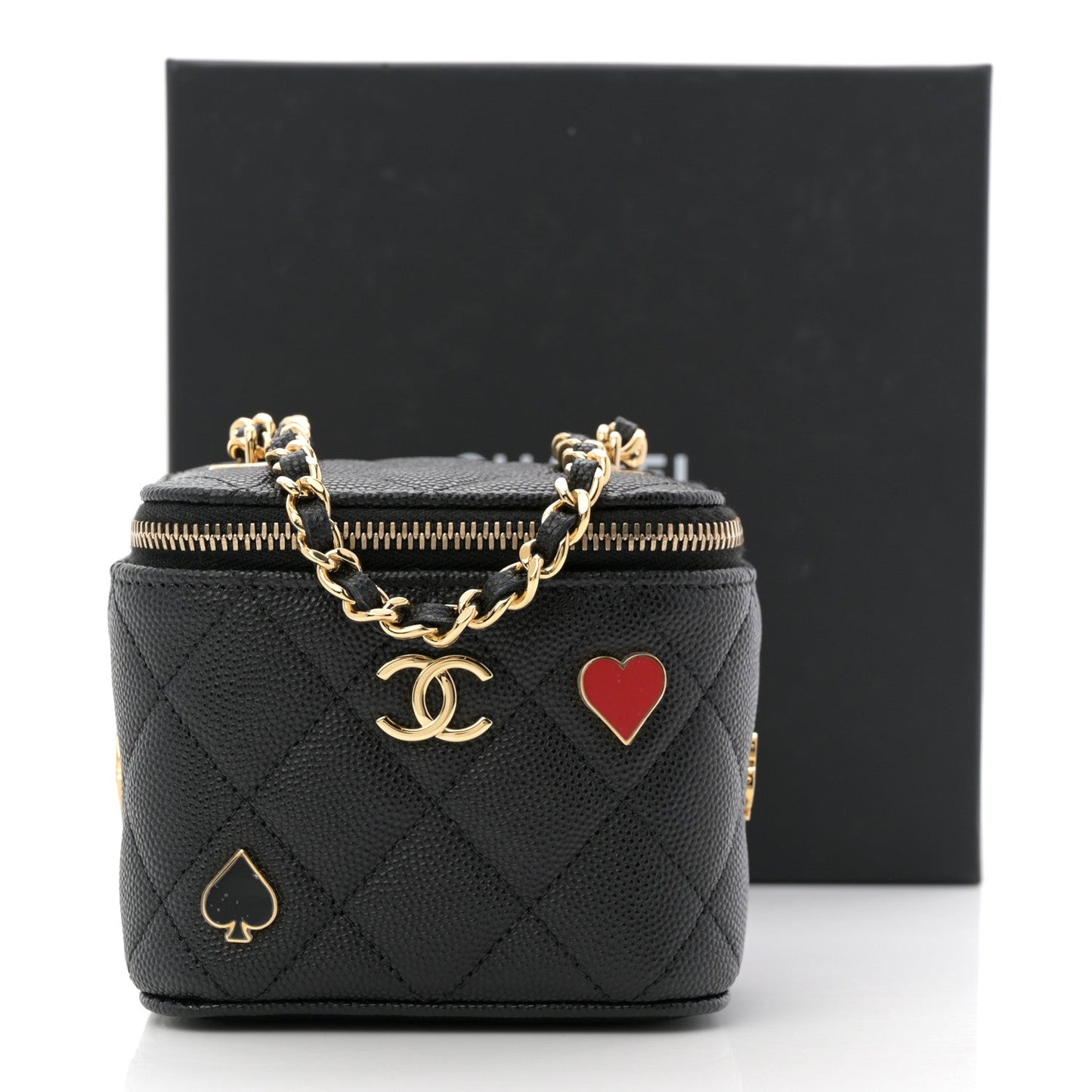 Caviar Quilted Enamel Coco Casino Mini Vanity Case With Chain Black