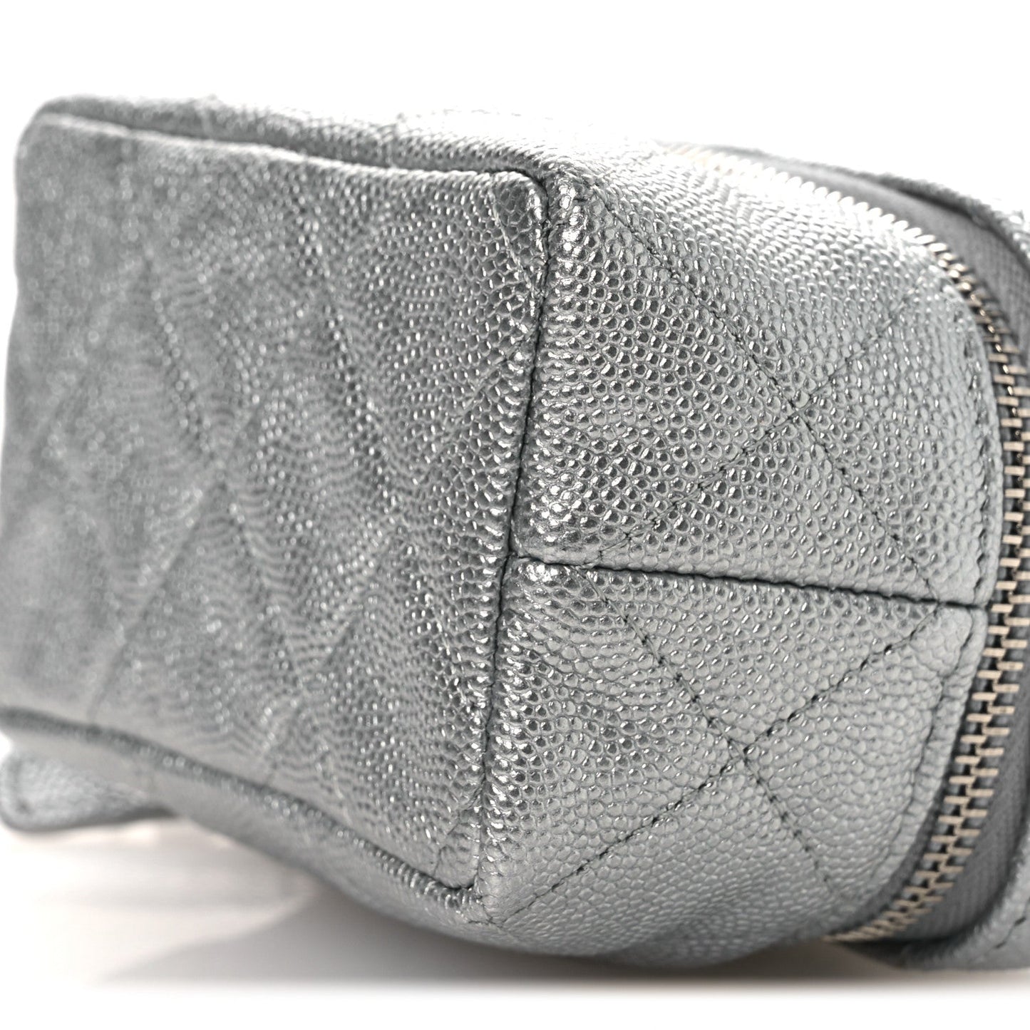 Metallic Caviar Quilted Mini Top Handle Vanity With Chain Silver