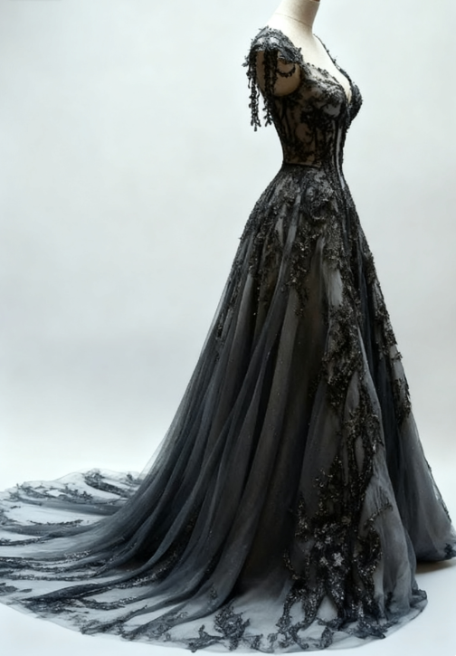 Black Appliques A-Line V-Neck Lace Tulle Sequin Long Prom Dresses, Dark Gray Prom Gown