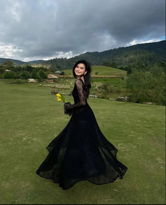 Black Lace Sexy A Line Long Sleeve Prom Dress Prom Gowns