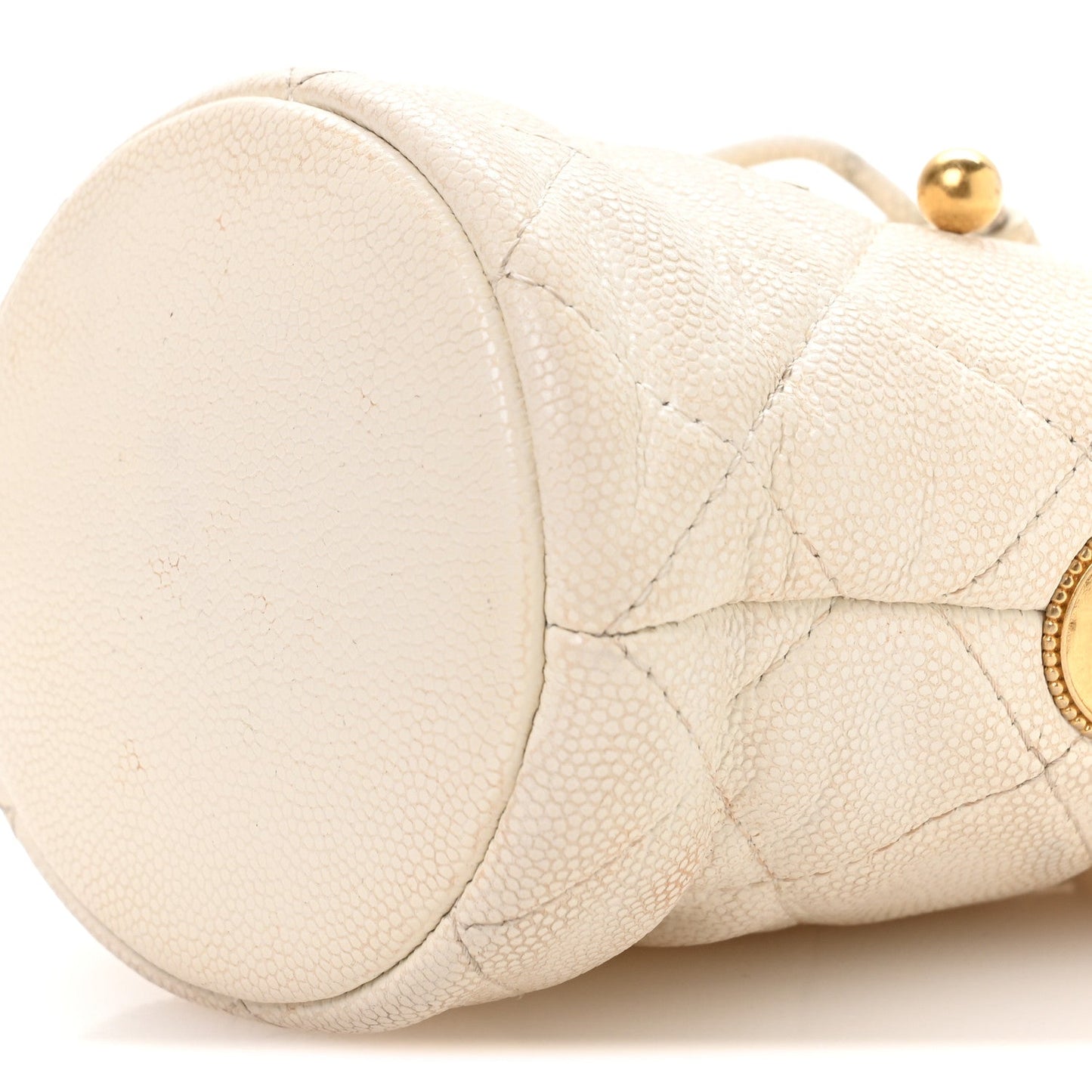 Caviar Quilted Twist Your Buttons Mini Bucket Bag White