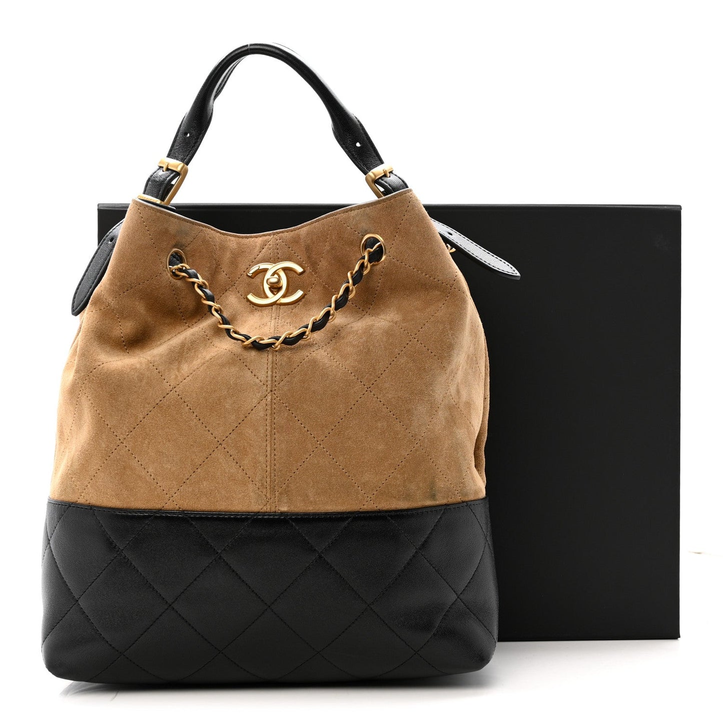Suede Calfskin Shiny Lambskin Quilted Shopping Bag Beige Black