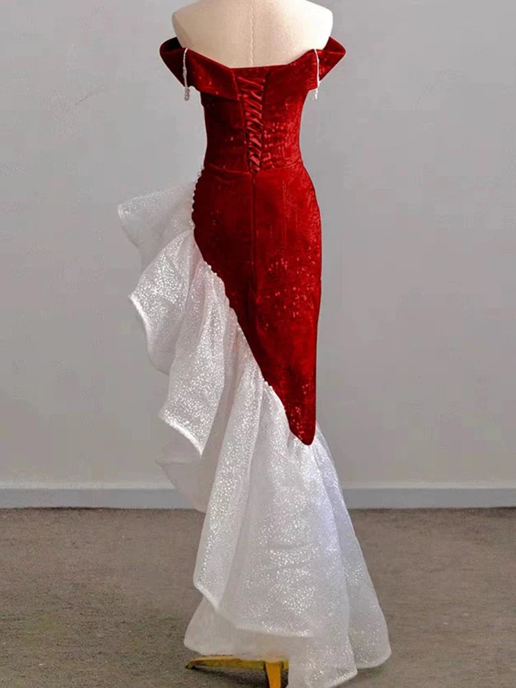 Sheath Off The Shoulder Sequin Red Evening Dress Prom Dresses Birthday Outfits cg26196