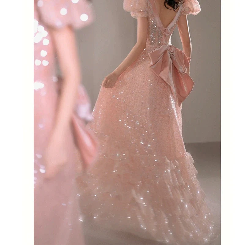 A Line Sweetheart Sequin Pink Long Evening Dress Prom Dresses Birthday Outfits cg26194