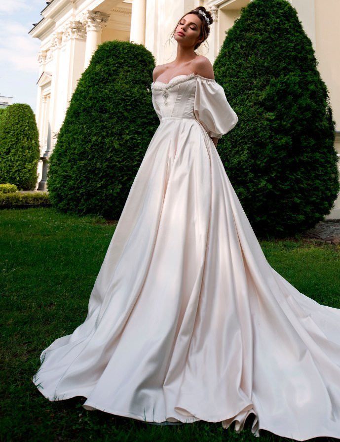 formaldressy- White Short-Sleeved Beaded Satin Long Wedding Dress gh6221